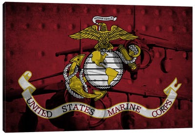 U.S. Marine Corps Riveted Metal Flag (Harrier Jump Jets Background) Canvas Art Print - Military Aircraft Art