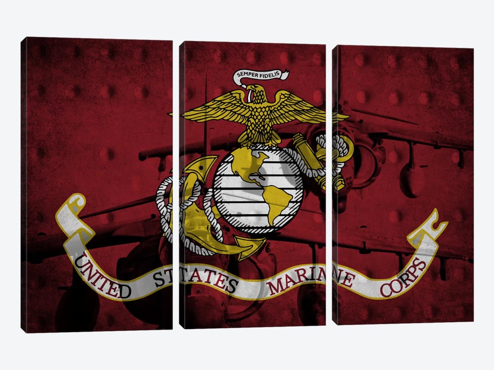 U.S. Marine Corps Riveted Metal Flag (Harrier Jump Jets Background) by iCanvas 3-piece Canvas Print