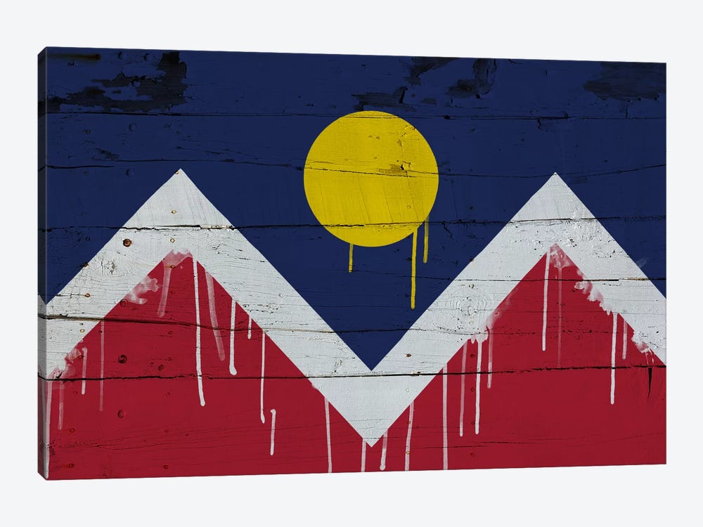 Denver, Colorado Paint Drip City Flag on Wood Planks by 5by5collective 1-piece Canvas Art Print