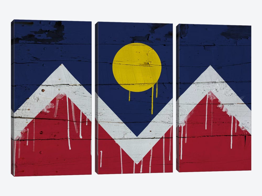 Denver, Colorado Paint Drip City Flag on Wood Planks by 5by5collective 3-piece Canvas Art Print