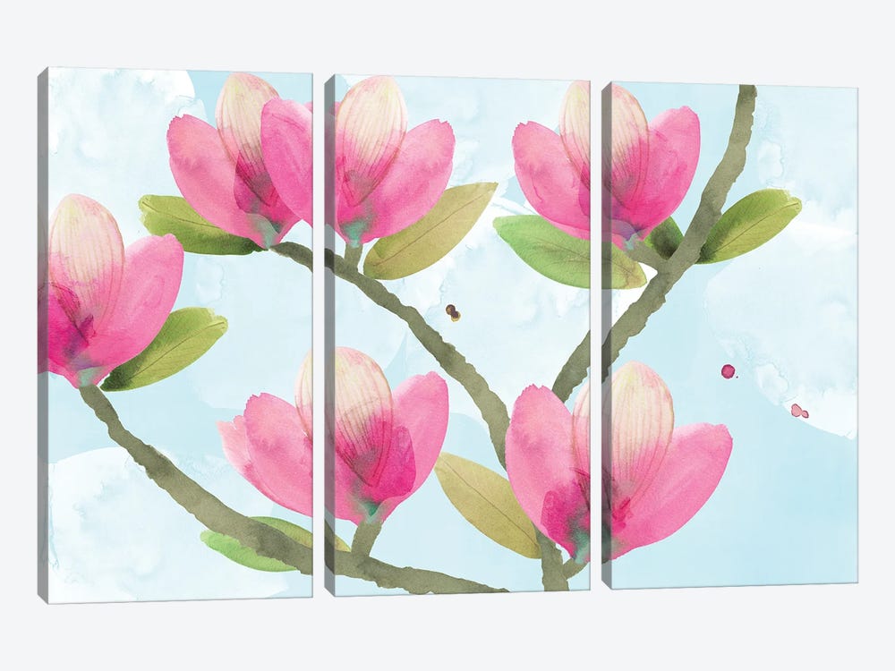 Pink Magnolia III by Flora Kouta 3-piece Canvas Wall Art