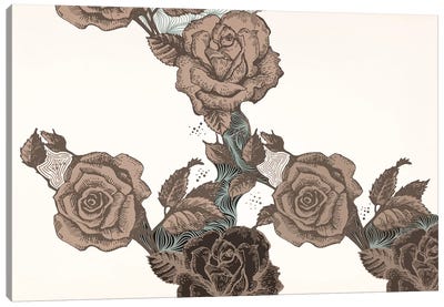 Roses & Leaves (Brown) Canvas Art Print - Floral Pattern Collection
