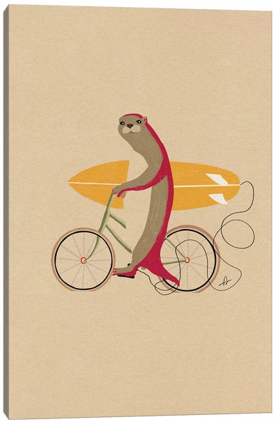 An Otter Riding A Bike Canvas Art Print - Tan Art