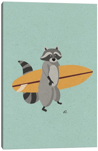 Surfing Racoon Canvas Art Print - Raccoon Art