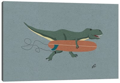 Surfing T-Rex Canvas Art Print - Dinosaur Art