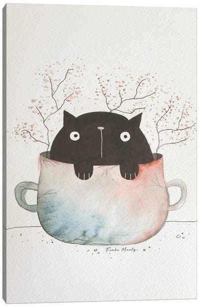 Black Cat In Mug Canvas Art Print - Femke Muntz
