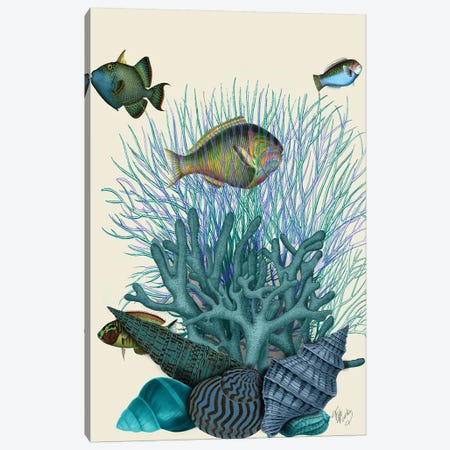 Fish Blue Shells & Corals Canvas Print #FNK1041} by Fab Funky Canvas Art Print