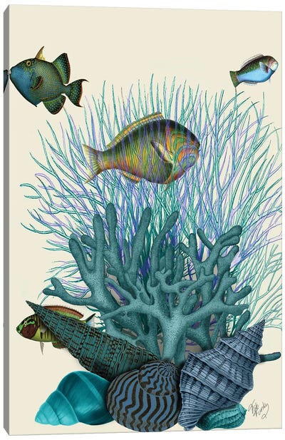 Fish Blue Shells & Corals Canvas Art Print - Coral Art
