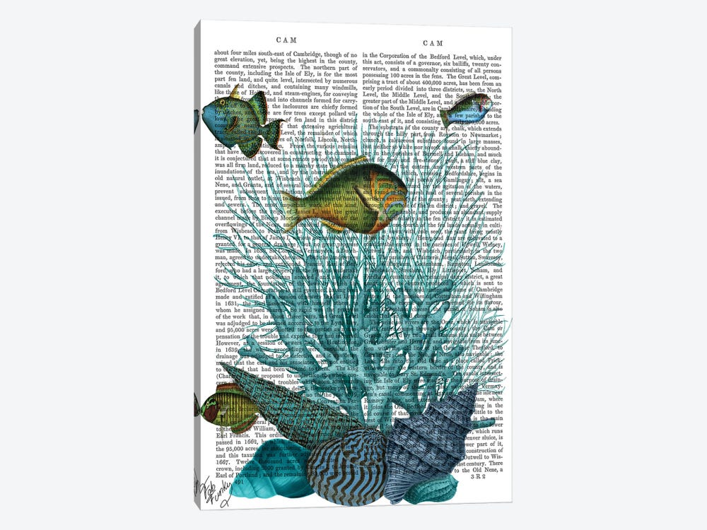 Fish Blue Shells & Corals, Print BG by Fab Funky 1-piece Art Print