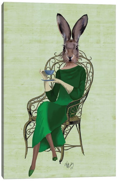 Lady Bella Rabbit Taking Tea Canvas Art Print - Costume Art
