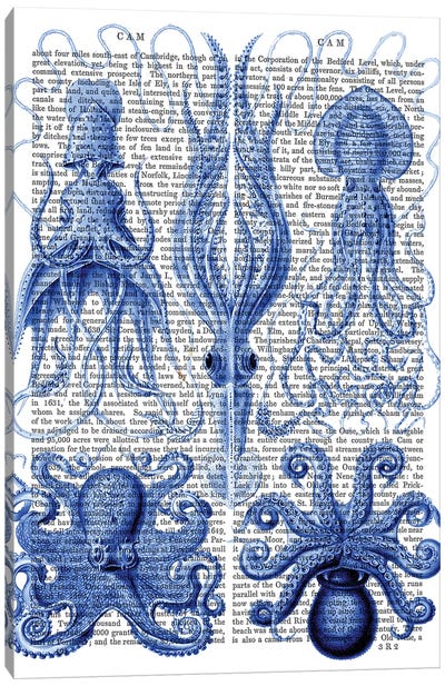 Octopus & Squid Blue Canvas Art Print - Squid
