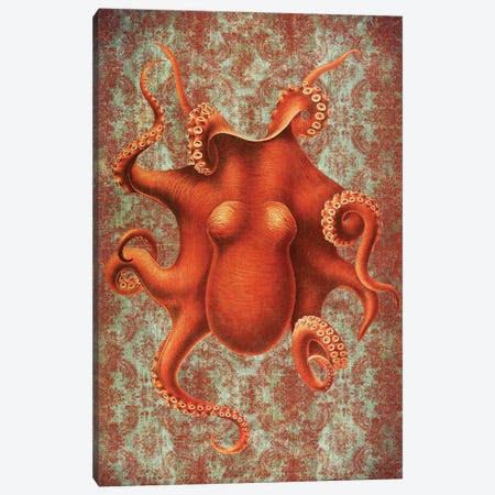 Octopus On Red Damask IV Canvas Print #FNK1190} by Fab Funky Art Print