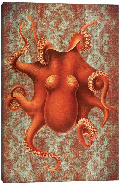 Octopus On Red Damask IV Canvas Art Print - Camouflage