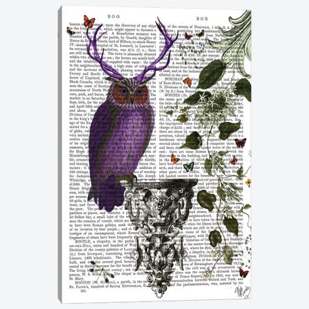 Purple Owl With Antlers, Print BG Canvas Print #FNK1234} by Fab Funky Canvas Print