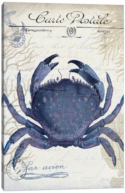 Seaside Postcard On Cream: Crab Canvas Art Print - Crab Art