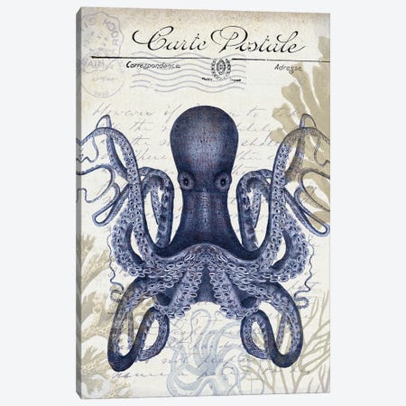 Seaside Postcard On Cream: Octopus Canvas Print #FNK1266} by Fab Funky Canvas Artwork