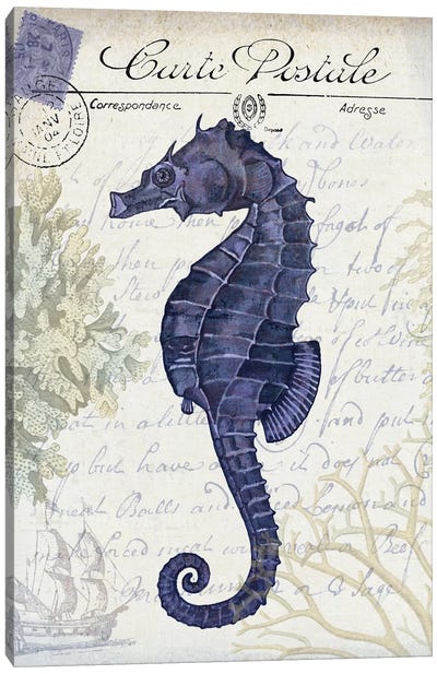 Seaside Postcard On Cream: Seahorse Canvas Art Print - Seahorse Art