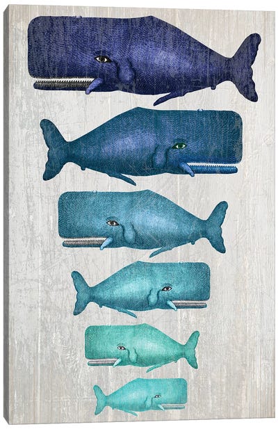 Whale Family Blue On White Canvas Art Print - Kids Ocean Life Art