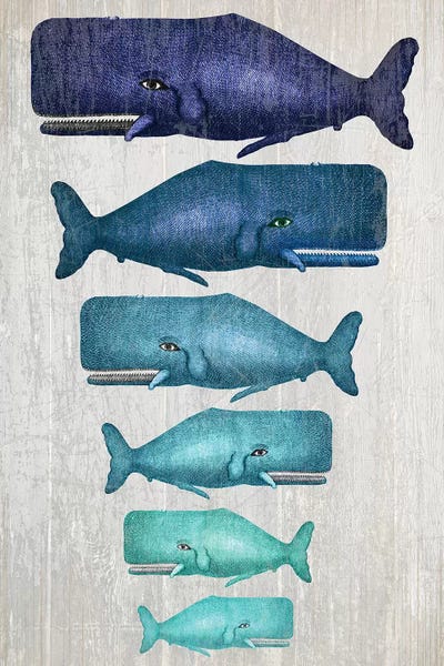 Kids Nautical Art: Whale Family Blue On White by Fab Funky