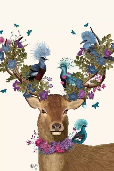Doves & Pigeons: Deer Birdkeeper, Blue Pigeons by Fab Funky