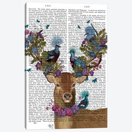 Deer Birdkeeper, Blue Pigeons, With Text Canvas Print #FNK1357} by Fab Funky Canvas Art