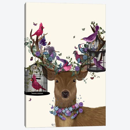 Deer Birdkeeper, Tropical Bird Cages Canvas Print #FNK1362} by Fab Funky Canvas Art