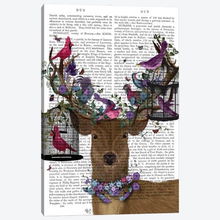 Deer Birdkeeper, Tropical Bird Cages, With Text Canvas Print #FNK1363} by Fab Funky Canvas Artwork