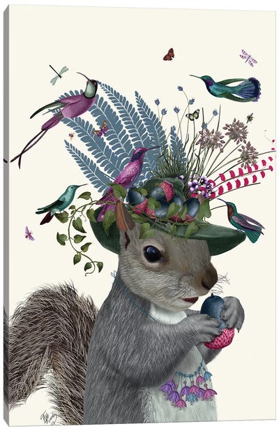 Squirrel Birdkeeper And Blue Acorns Canvas Art Print - Fab Funky