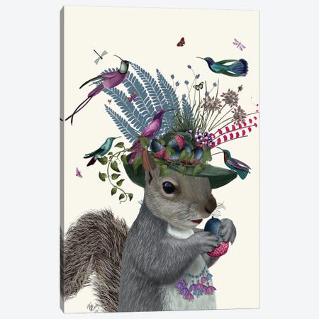 Squirrel Birdkeeper And Blue Acorns Canvas Print #FNK1374} by Fab Funky Canvas Artwork