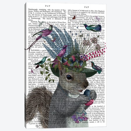 Squirrel Birdkeeper And Blue Acorns, With Text Canvas Print #FNK1375} by Fab Funky Canvas Art