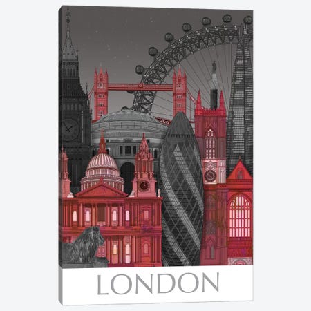 London Elevations By Night Red Canvas Print #FNK1376} by Fab Funky Canvas Wall Art