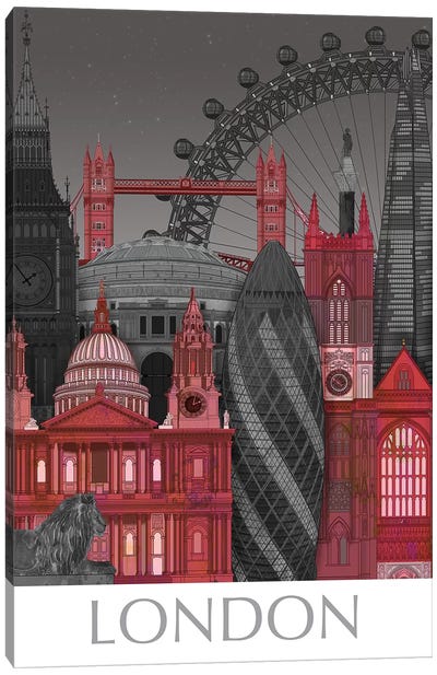London Elevations By Night Red Canvas Art Print - Fab Funky
