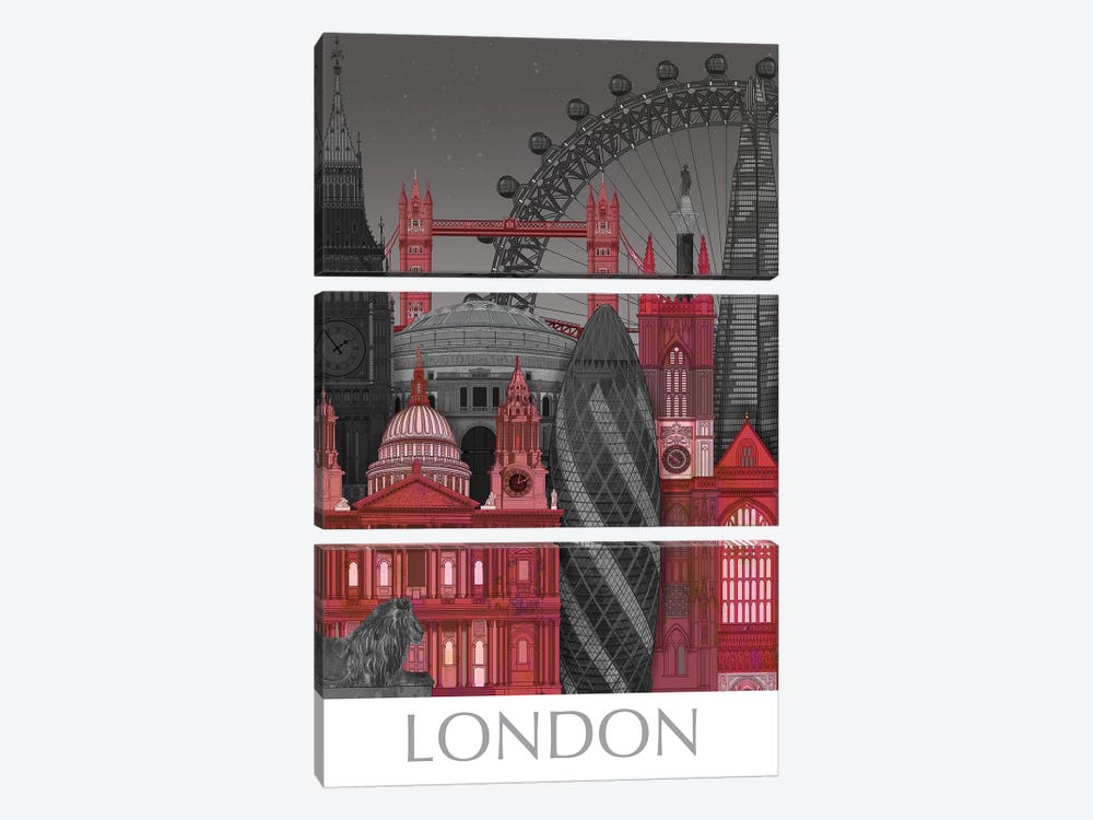 London Elevations By Night Red by Fab Funky 3-piece Canvas Artwork