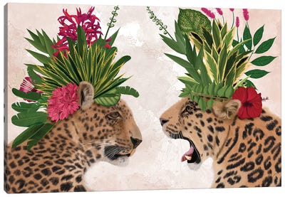 Hot House Leopards, Pair, Pink Green Canvas Art Print - Leopard Art