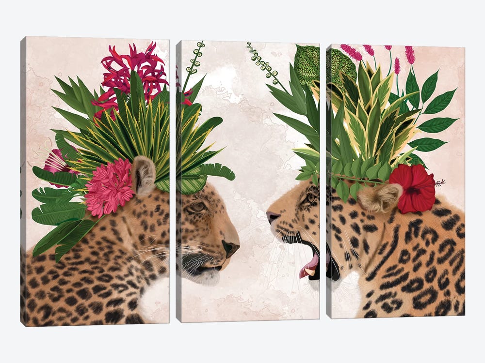 Hot House Leopards, Pair, Pink Green by Fab Funky 3-piece Canvas Print