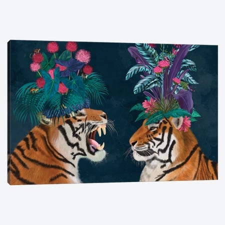 Hot House Tigers, Pair, Dark Canvas Print #FNK1398} by Fab Funky Art Print