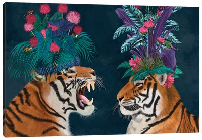 Hot House Tigers, Pair, Dark Canvas Art Print - Tropical Leaf Art