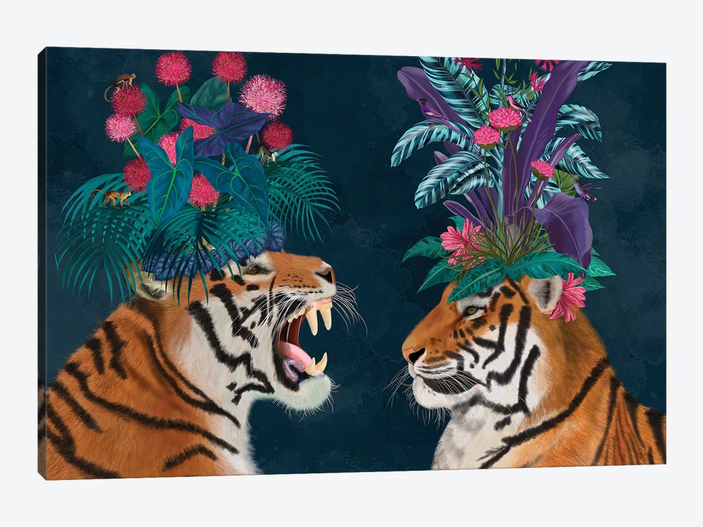 Hot House Tigers, Pair, Dark 1-piece Canvas Artwork