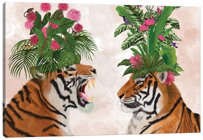 Hot House Tigers, Pair, Pink Green Canvas Art Print - Tropical Leaf Art