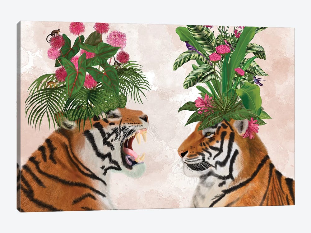 Hot House Tigers, Pair, Pink Green by Fab Funky 1-piece Canvas Art Print