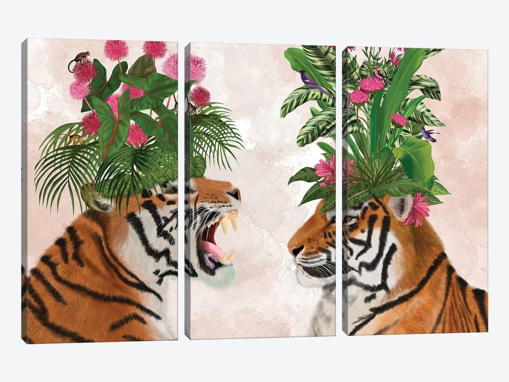 Hot House Tigers, Pair, Pink Green by Fab Funky 3-piece Canvas Art Print
