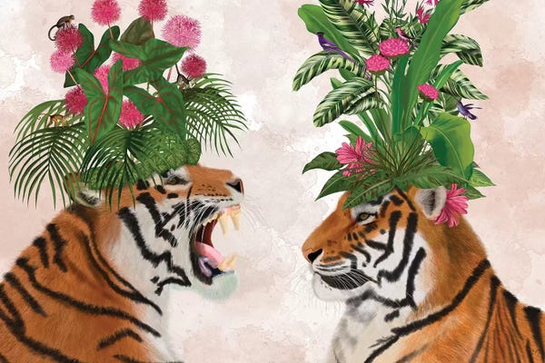 Bohemian Décor: Hot House Tigers, Pair, Pink Green by Fab Funky