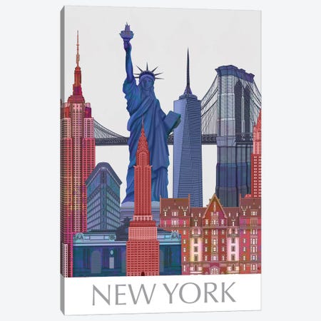 New York Landmarks , Red Blue II Canvas Print #FNK1424} by Fab Funky Canvas Wall Art
