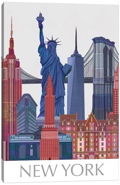 New York Landmarks , Red Blue II Canvas Art Print - Statue of Liberty Art