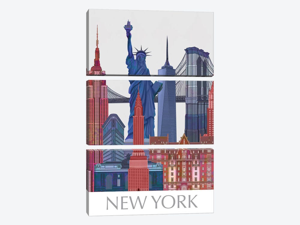 New York Landmarks , Red Blue II by Fab Funky 3-piece Canvas Art