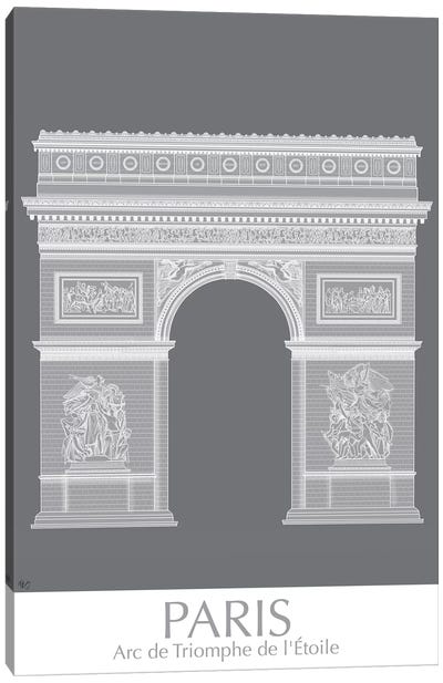 Paris Arc De Triomph Monochrome Canvas Art Print - Paris Typography