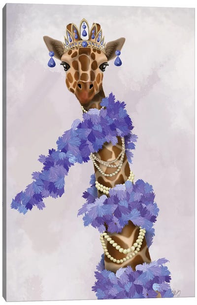 Giraffe with Purple Boa I Canvas Art Print - Giraffe Art