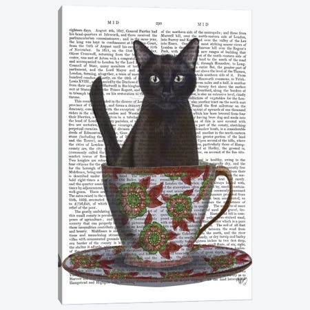 Black Cat In A Teacup I Canvas Print #FNK149} by Fab Funky Canvas Art Print