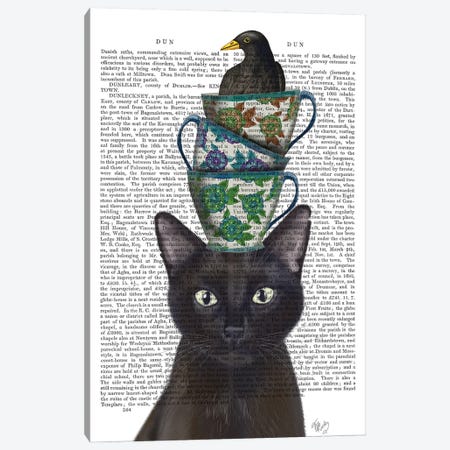 Black Cat With Teacups And Blackbird I Canvas Print #FNK151} by Fab Funky Canvas Art