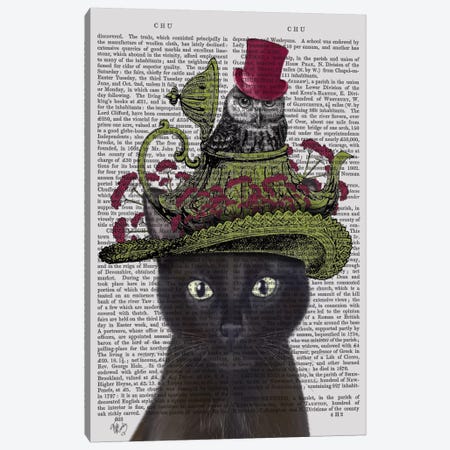 Black Cat With Teapot And Owl I Canvas Print #FNK153} by Fab Funky Canvas Wall Art